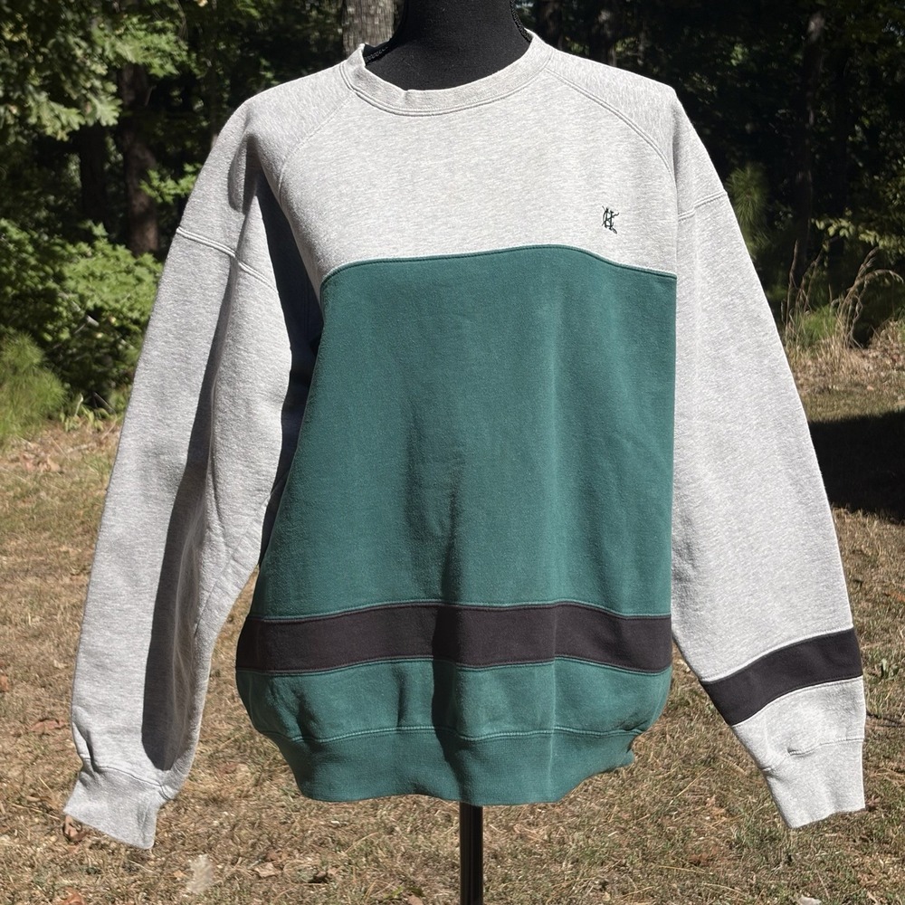 1990s Hunt Club Sweatshirt L Green Gray Black Colorblock Crewneck Retro
